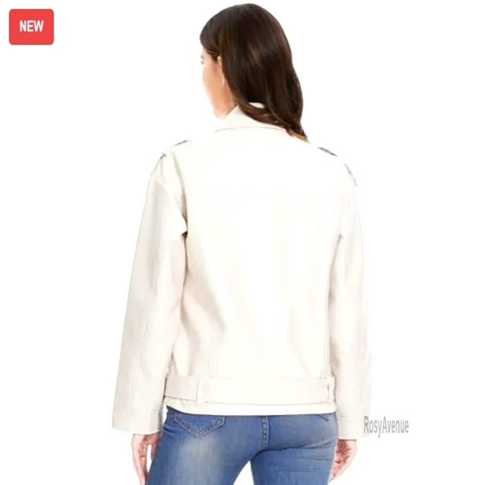 Faux Leather Motorcycle Jacket, Stretch PU Moto Coat, Utility Pockets, All - Picture 5 of 6